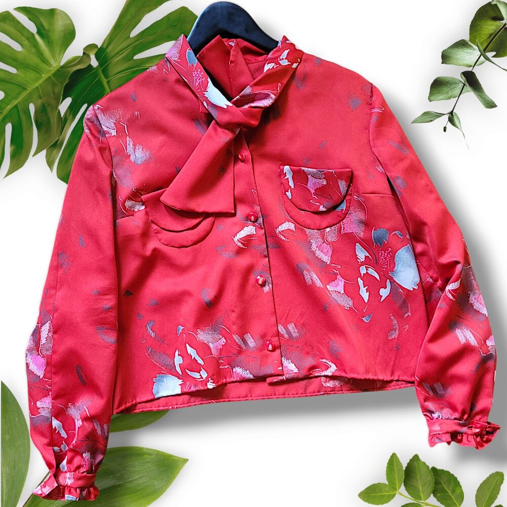 Red Satin Vintage Blouse 70s, sz M-L